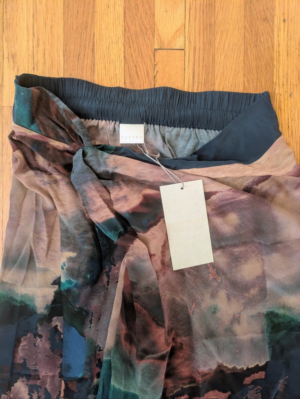 NWT Poetry Teal storm 100% silk midi skirt abstract watercolor print Size 6 - Picture 2 of 10